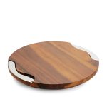 Nambé Cheese Block and Knife Set – Round Acacia Wood Board Featuring Stainless Steel Details, Contemporary Tray with Spreader, Stylish Table Accent for Parties, Gatherings, and Dining
