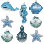 Valery Madelyn Glass Christmas Ornaments Set, 8ct Light Blue and Silver Blown Glass Christmas Tree Decorations, Summer Beach Coastal Ocean Nautical Marine Xmas Hanging Finial Balls Bulk Holiday Decor